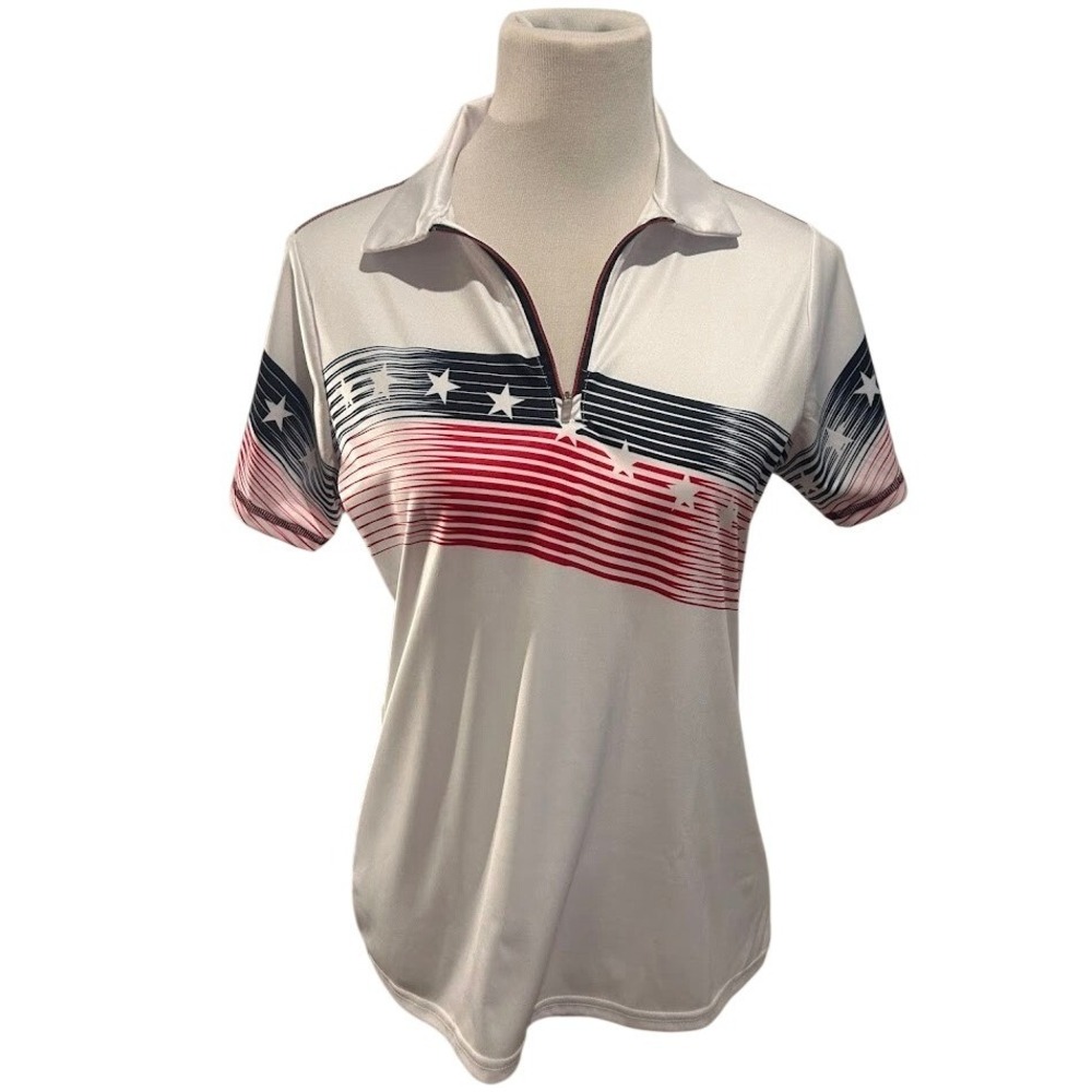 Antigua Womens White Patriotic Stars and Stripes Quarter Zip Golf Polo Shirt M